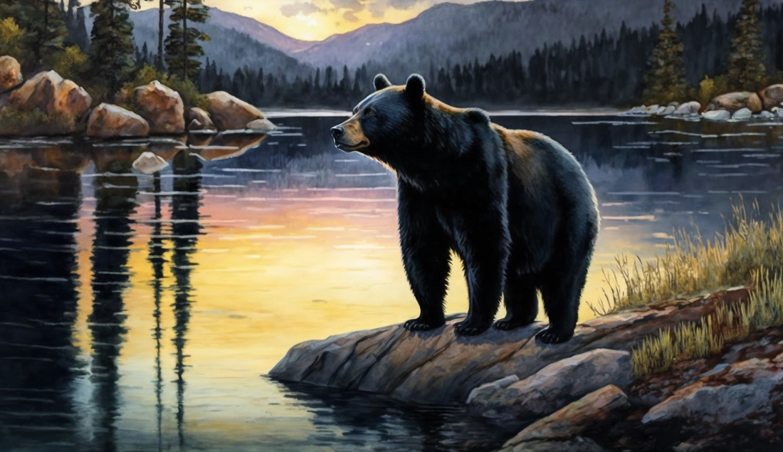 watercolor painting of two bears playing by a lake in rocky mountain national park generated by AI